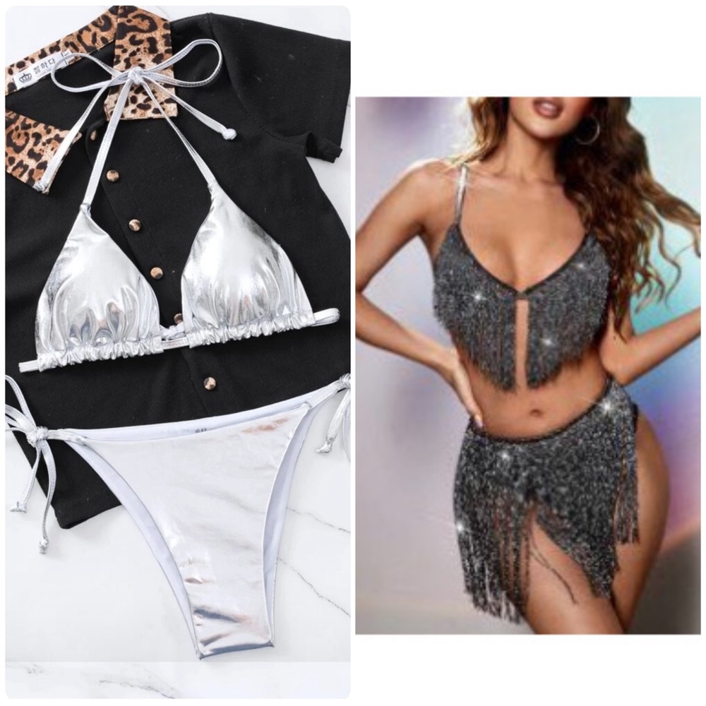 Bundle of 2 NWOT SHEIN Shimmering Silver Bikini Set and black silver fringe set